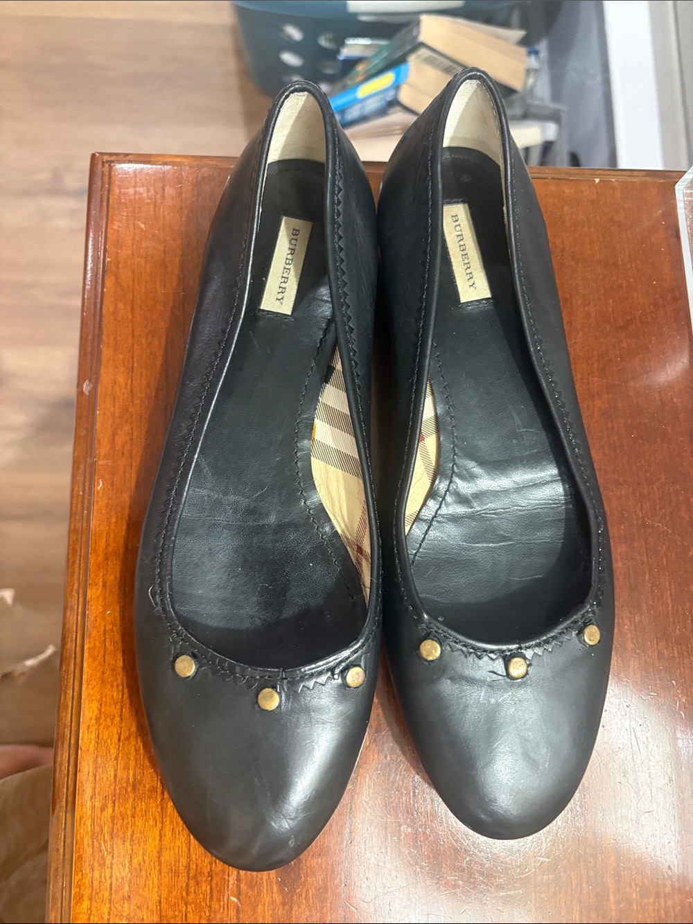 Burberry Black Leather Stud-Detail Ballet Flats resoled like new!
